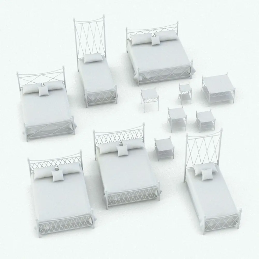 Revit Family / 3D Model - Metal Crosses Bedroom Revit Furniture Set Variations Metal Crosses Bedroom Revit Furniture Set shown in different sizes and configurations to showcase its parametric flexibility. Ideal for residential, commercial or hospitality settings, this Revit furniture set will transform your spaces in just a few clicks. Get it today and see for yourself.