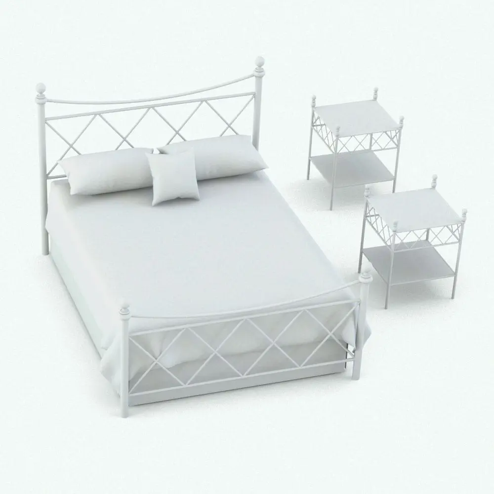Revit Family / 3D Model - Metal Crosses Bedroom Revit Furniture Set Perspective Metal Crosses Bedroom Revit Furniture Set in 3D and rendered in black and white (ambient occlusion style) to show the details and shapes better. Both Revit families included in this set are fully parametric and they will seamlessly blend in with any project size you are working on. Ideal for traditional and contemporary interior design projects, this Revit furniture set will make your spaces feel alive.