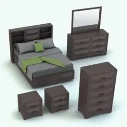 Pyramidal Drawers Bedroom Revit Furniture Set in 3D and rendered with a dark chocolate wood finish and gray and green textile accents for contrast. All the Revit families included in this set are fully parametric, easy to use and ready to render. Ideal for modern, traditional and contemporary interior design projects, this Revit furniture set will transform your spaces in just a few clicks. Get it today and see for yourself.