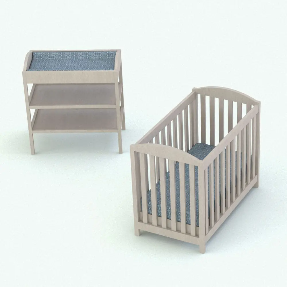 Revit Family / 3D Model - Rectangular Crib Revit Furniture Set Rendered in Revit Rectangular Crib Revit Furniture Set in 3D and rendered with a light colored wood and blue fabric materials. This Revit nursery set is ideal for residential or commercial purposes and it will make your 3D renderings look finished. Don't wait any longer and add this Revit furniture set to your personal assets today.