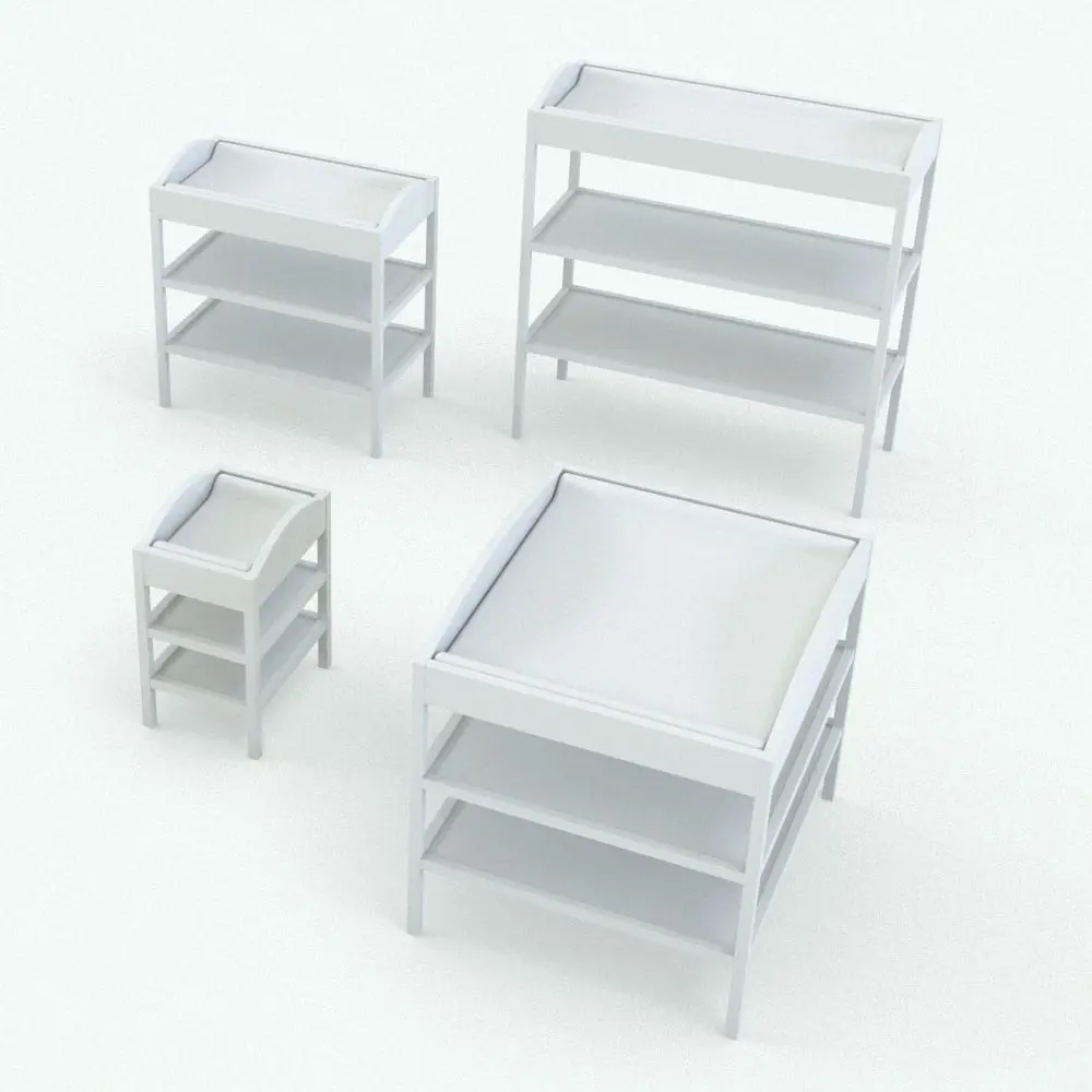 Revit Family / 3D Model - Rectangular Crib Set Changing Station Variations Changing station Revit family shown in different sizes and configurations and rendered in 3D in black and white colors (ambient occlusion style) to show the details better.