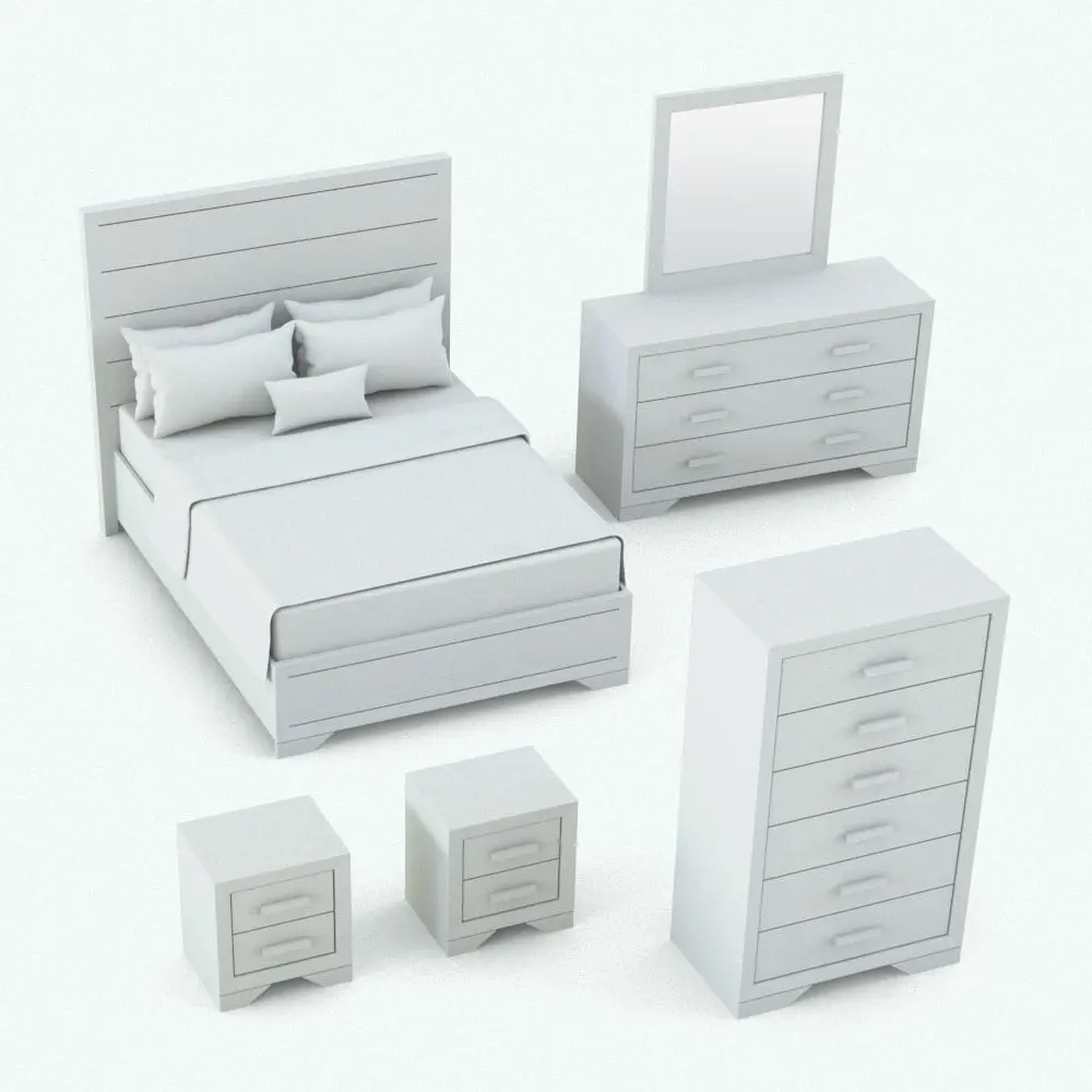 Revit Family / 3D Model - Rectangular Handles Bedroom Revit Furniture Set Perspective Rectangular Handles Bedroom Revit Furniture Set in 3D and rendered in black and white (ambient occlusion style) to showcase the details better. This Revit family set comes with a bed, a chest of drawers, a dresser and a night stand to fully dress up your bedroom and make sure it stands out in your projects. Don't wait any longer and get this Rectangular Handles Bedroom Revit Furniture Set today.