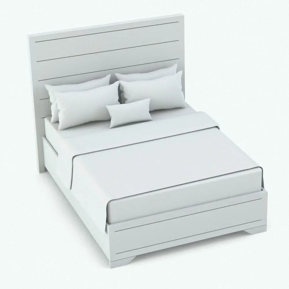 Revit Family / 3D Model - Bed in the Rectangular Handles Bedroom Revit Furniture Set Revit bed family in 3D and rendered in black and white (ambient occlusion style) to show the details and shapes better. This Revit family is fully parametric and it was created using a hybrid approach so that the pillows, shams, cushion and throw look fully realistic. Additionally, these textile objects don't just look realistic, but they also allow you to wrap textures around just like real textures would wrap around them. Get this Rectangular Handles Bedroom Revit Furniture Set today and let this hybrid approach enrich your projects and 3D renderings.