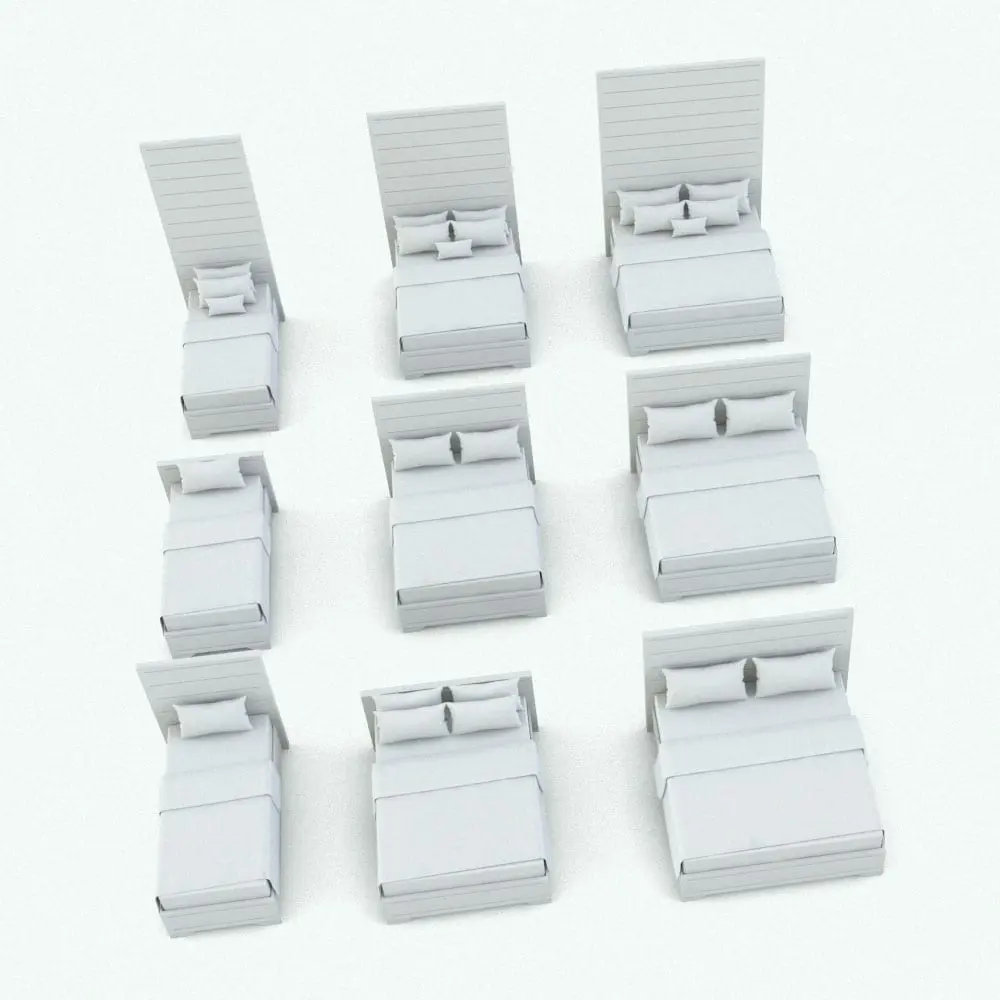 Revit Family / 3D Model - Rectangular Handles Bedroom Revit Furniture Set Bed Variations Revit bed family shown in different sizes and configurations to showcase its parametric flexibility. This Revit family allows you to change the size of the bed between the most common ones (king, queen and full) as well as the headboard height and the visibility of the pillows/shams, so you can create any possible Revit bed family configuration.