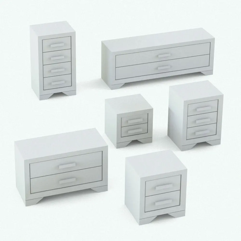 Revit Family / 3D Model - Rectangular Handles Bedroom Revit Furniture Set Night Stands Variations Night stand Revit family in different sizes and configurations to showcase its parametric versatility. This Revit family allows you to change the overall dimensions (width, depth and height) as well as the number of drawers for full personalization. Don't wait any longer and get this Revit night stand, which is part of the Rectangular Handles Bedroom Revit Furniture Set today.