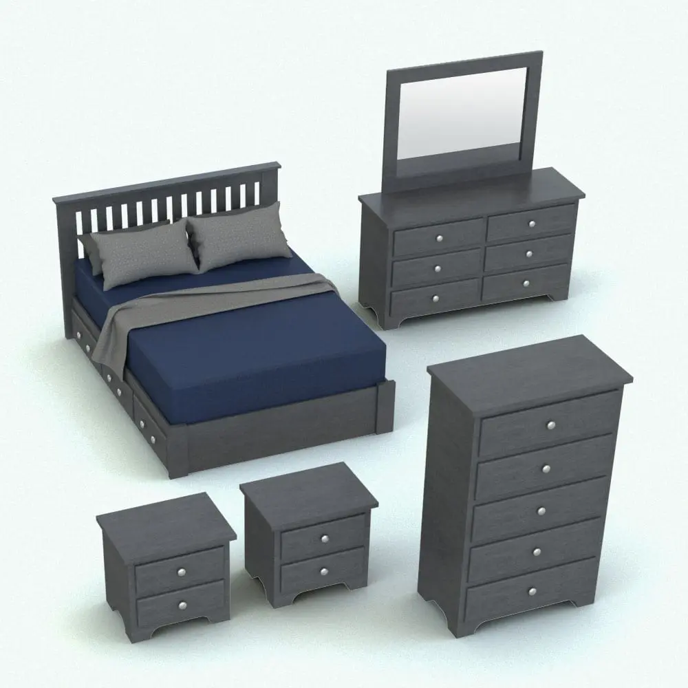 Revit Family / 3D Model - Circular Knobs Bedroom Revit Furniture Set Rendered in Revit Circular Knobs Bedroom Revit Furniture Set in 3D and rendered in a dark gray wood finish and blue and gray fabrics to create contrast. All the Revit families included in this Revit furniture set are fully parametric, easy to use and ready to render. Just load them into your project, whether as a set or individually, load the textures (or use the provided ones) and hit the render button for instant results. Don't wait any longer and add this Circular Knobs Bedroom Revit Furniture Set to your assets today.