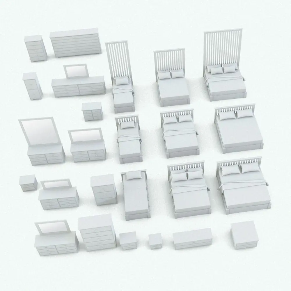 Revit Family / 3D Model - Circular Knobs Bedroom Revit Furniture Set Variations Circular Knobs Bedroom Revit Furniture Set shown in different sizes and configurations to showcase its parametric flexibility. Ideal for modern and contemporary interior design projects, this set, which includes a bed, a dresser, a chest of drawers and a night stand will make your spaces look cozy, elegant and finished. Get this Revit furniture set today and see for yourself.