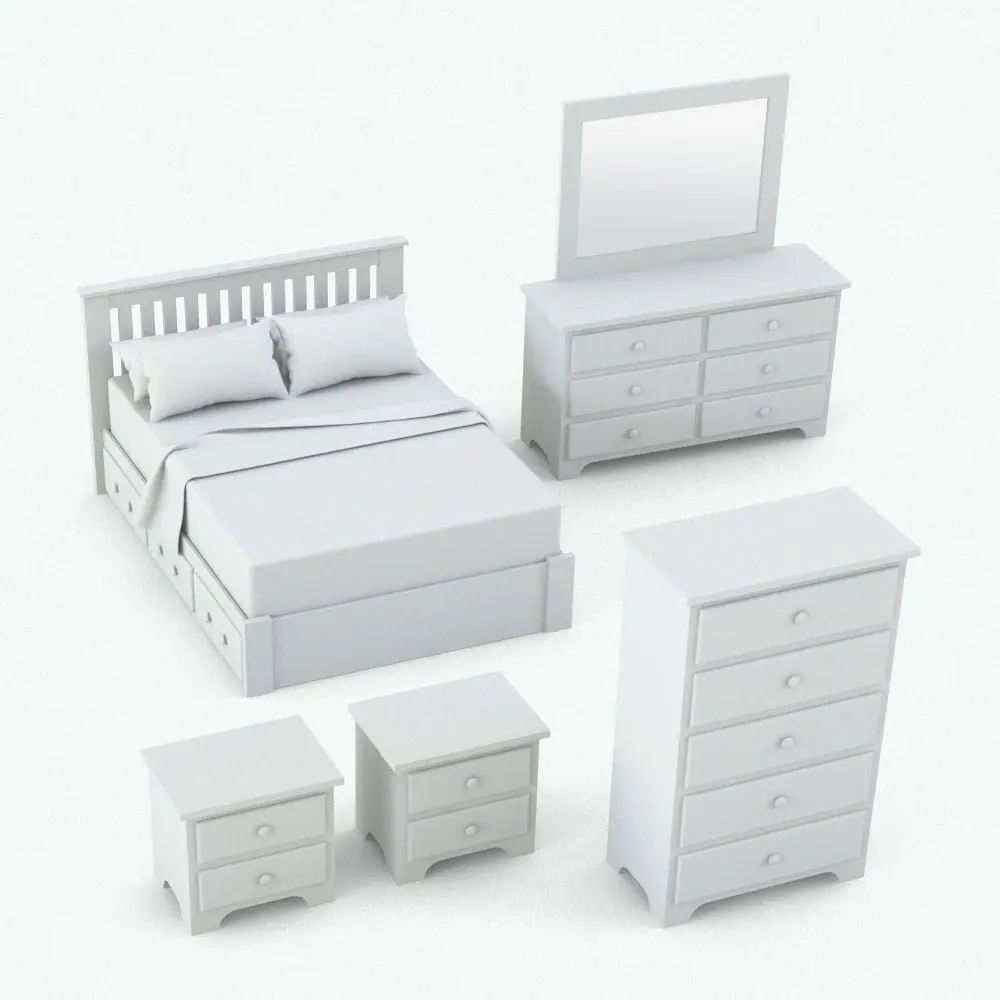 Revit Family / 3D Model - Circular Knobs Bedroom Revit Furniture Set Perspective Circular Knobs Bedroom Revit Furniture Set in 3D and rendered in black and white (ambient occlusion style) to showcase the details better. Whether you are working on a residential project or on commercial/hospitality ones, this Revit furniture set will make your spaces look complete.