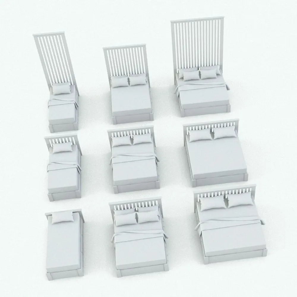 Revit Family / 3D Model - Circular Knobs Bedroom Revit Furniture Set Bed Variations Revit bed family shown in different sizes and configurations to showcase its parametric flexibility. This Revit family comes in the three standard sizes: king, queen and full. Additionally, this Revit bed allows you to change the height of the headboard as well as the visibility of the shams, so you can create different arrangements and looks. Get this family as part of the Circular Knobs Bedroom Revit Furniture Set today and start turning your projects into masterpieces.