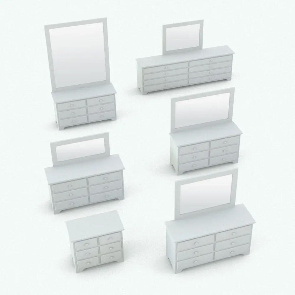 Revit Family / 3D Model - Circular Knobs Bedroom Revit Furniture Set Dresser Variations Revit dresser family shown in different sizes and configurations to showcase its parametric flexibility. This Revit family allows you to change the overall dimensions, as well as the size (width and height) of the mirror. Whether you use this Revit dresser family on its own or as part of the Furniture Set, it will certainly make your renders stand out from the crowd.