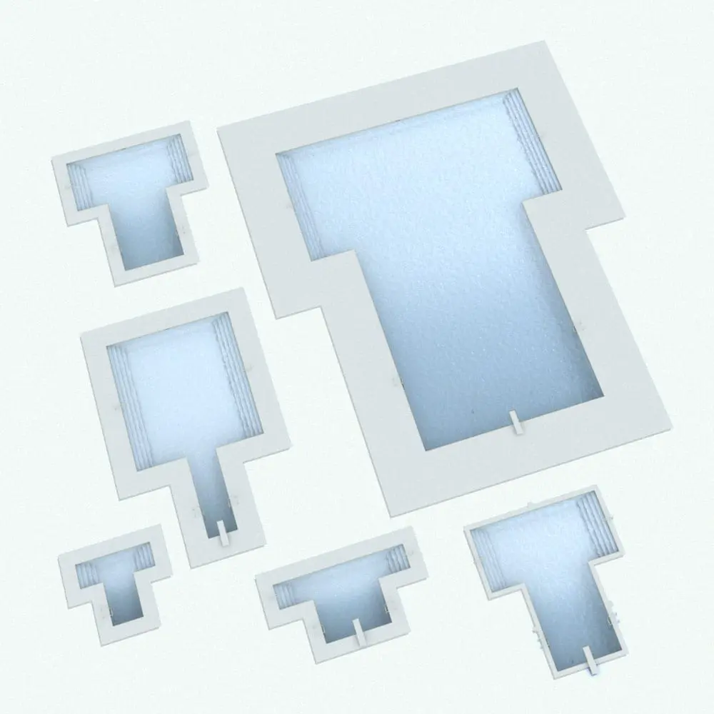 t-Revit Family / 3D Model - T-Shape Swimming Pool Revit Family Variations T-Shape Swimming Pool Revit Family shown in different sizes and configurations to showcase its parametric versatility. This Revit family allows you to configure the overall dimensions, the frame width, the visibility of additional elements and it even comes with a detail trim for added customization. Don't let this opportunity go by and add this swimming pool Revit family to your assets today.