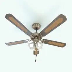 Traditional Refined Ceiling Fan Revit Family in 3D and rendered in a dark wood with a light colored woven texture inlay and gold metallic accents and housing. This fully parametric Revit ceiling fan is ideal for traditional interiors that exude elegance.