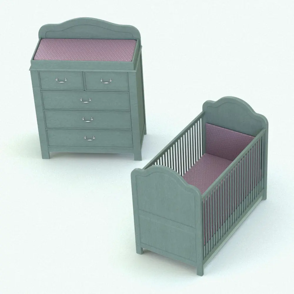Revit Family / 3D Model - Traditional Nursery Revit Furniture Set With Curves With Curves Rendered in Revit Traditional Nursery Revit Furniture Set With Curves rendered in 3D with a teal colored wood finish and pink textile accents. This 2-piece Revit furniture set is ideal for traditional or classic interior design projects.