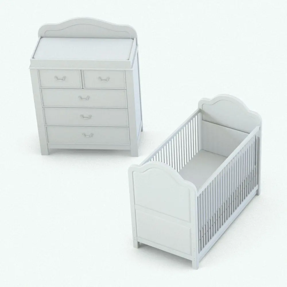 Revit Family / 3D Model - Traditional Nursery Revit Furniture Set With Curves Perspective Traditional Nursery Revit Furniture Set With Curves in 3D and rendered in black and white (ambient occlusion style) to showcase the details better. These two Revit families were carefully crafted to make sure they blend seamlessly to your projects. With parameters to change the dimensions, materials, number of drawers and more, these Revit furniture families will make your life easier and streamline your workflow in just a few clicks.