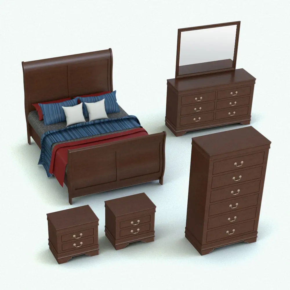 Revit Family / 3D Model - Vintage Handles Bedroom Revit Furniture Set Rendered in Revit Vintage Handles Bedroom Revit Furniture Set in 3D and rendered in a dark cherry wood finish with red, blue and gray fabrics to add contrast. All the Revit families in this furniture set are fully parametric, easy to use and ready to render. Whether you're aiming for a traditional look or a vintage one, this bedroom Revit furniture set will make your spaces look finished in just a few clicks. Get it now and see for yourself.