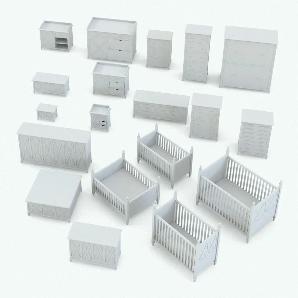 Revit Family / 3D Model - X-Shapes Nursery Revit Furniture Set Variations X-Shapes Nursery Revit Furniture Set shown in different sizes and configurations to showcase its parametric flexibility. Whether you use them individually or in tandem, these Revit families will transform your spaces in just a few clicks. Additionally, the chest of drawers and the toy trunk can be used in other spaces in your projects. Get this X-Shapes Nursery Revit Furniture Set today and become part of the Blackbee3D family.