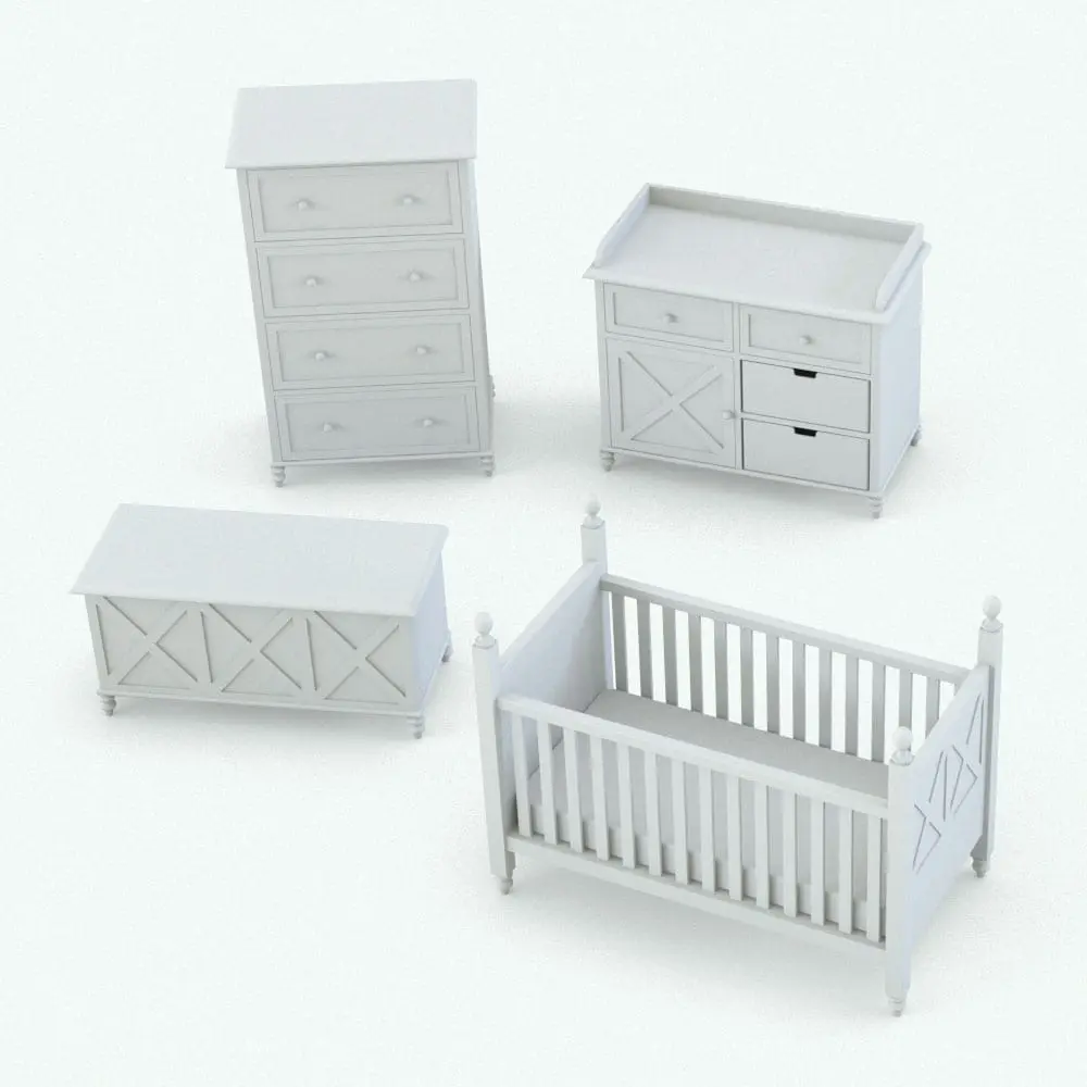 Revit Family / 3D Model - X-Shapes Nursery Revit Furniture Set Perspective X-Shapes Nursery Revit Furniture Set in 3D and rendered without any materials to showcase the details and shapes better. Ideal for modern, rustic or traditional interior design projects, this Revit furniture set will transform your spaces in no time. Get it today and see for yourself.