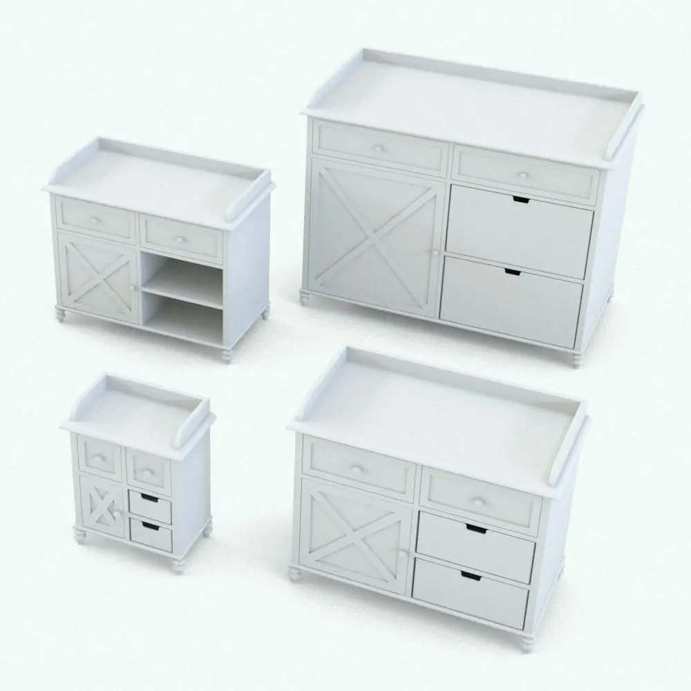 Revit Family / 3D Model - X-Shapes Nursery Set Changing Station Variations Changing station Revit furniture family in 3D and rendered without any materials. In this image, the changing station is shown in different sizes and configurations to show how its parameters work. Change the overall dimensions, the materials and even the visibility of the boxes to make it your own.