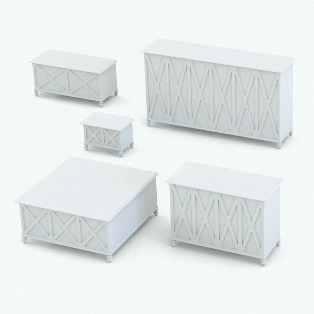Revit Family / 3D Model - X-Shapes Nursery Set Toy Trunk Variations Toy trunk Revit furniture family in different sizes and configurations to showcase its parametric behavior.