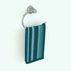 Hand Towel Revit Holder Ring Wall Mounted in 3D and rendered in a stainless steel finish with a blue/teal stripped hand towel. This Revit family is fully parametric, easy to use and ready to render. Whether you need a complement to your bathroom render or a focal point, this towel Revit holder will certainly stand out on its own.