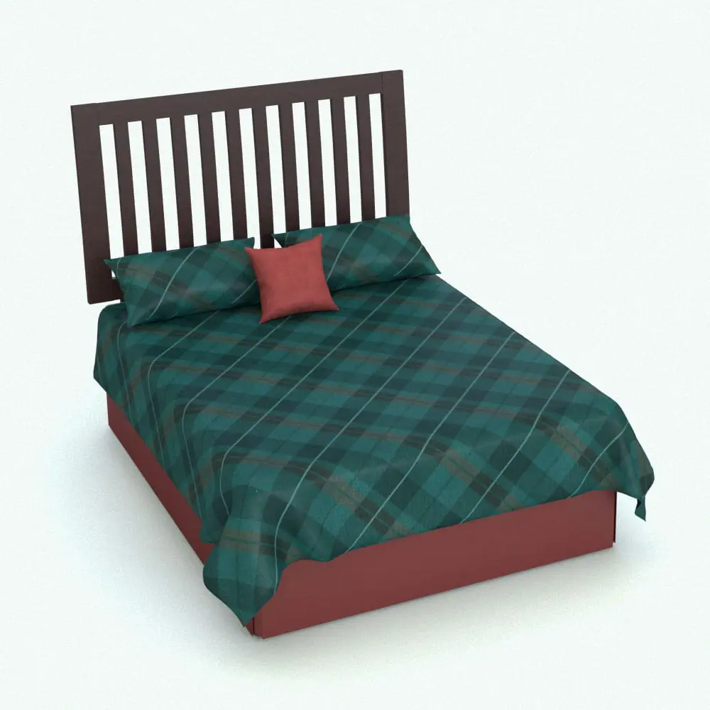 Revit Family / 3D Model - Revit Bed Family With Slats Headboard Rendered in Revit Revit Bed Family With Slats Headboard rendered with a dark chocolate wood finish for the headboard and a plaid green with red accents bedding. This Revit family is fully parametric, easy to use and ready to be rendered. Just load it into your project, load the provided textures (or use your own for a more custom look) and hit the render button for immediate results. Don't wait any longer and add this Revit Bed Family With Slats Headboard to your cart today.