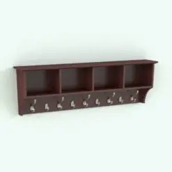 Storage Revit Shelf Family With Coat Hanger in 3D and rendered in a dark cherry wood finish with silver metal hooks to add contrast. This Revit family is fully parametric, easy to use and ready to render. Just load it into your project and hit the render button for instant results. Get this Revit shelf family today and see for yourself.