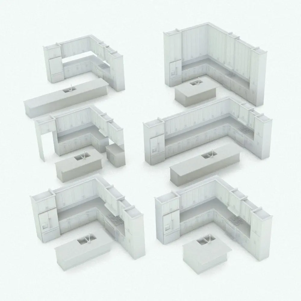 Revit Family / 3D Model - L-Shape Revit Kitchen Family With Moldings Variations L-Shape Revit Kitchen Family With Moldings shown in different sizes and configurations to showcase its parametric flexibility. This Revit family comes with parameters to adjust the Revit kitchen cabinets overall dimensions, the dimensions of the island, the visibility of the Revit refrigerator and much more so you can fully customize it and fit it your your space and desired look. Don't let this opportunity to streamline your workflow pass and add this L-Shape Revit Kitchen Family With Moldings to your cart today.