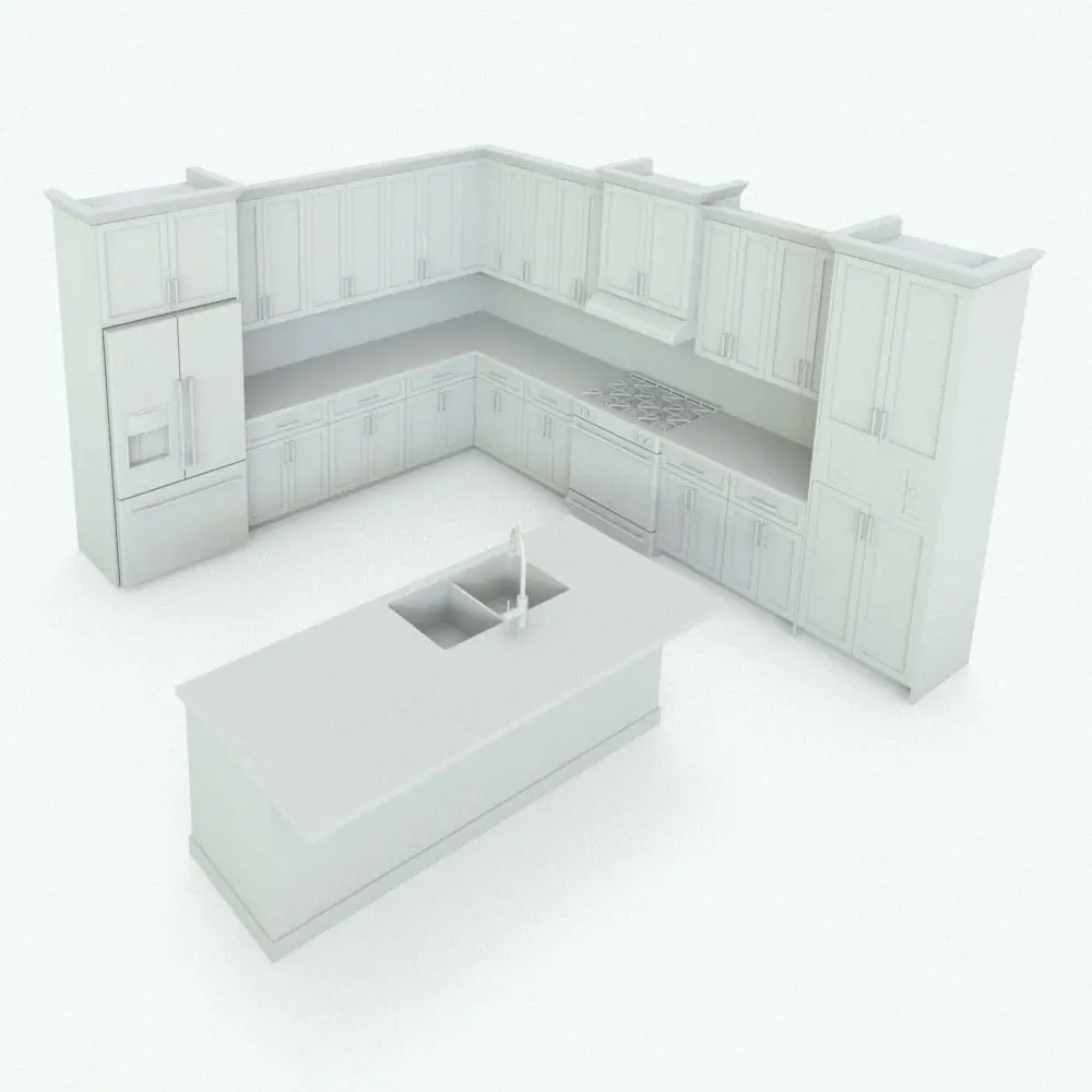 Revit Family / 3D Model - L-Shape Revit Kitchen Family With Moldings Perspective L-Shape Revit Kitchen Family With Moldings in 3D and rendered in black and white (ambient occlusion style) to show the details and shapes better. This Revit family is fully parametric, easy to use and ready to render. Just load it into your project, select the materials (or use the provided ones) and hit the render button for instant results. Ideal for either residential or commercial purposes, this Revit kitchen family will transform your spaces in just a few clicks. Add it to your cart today.