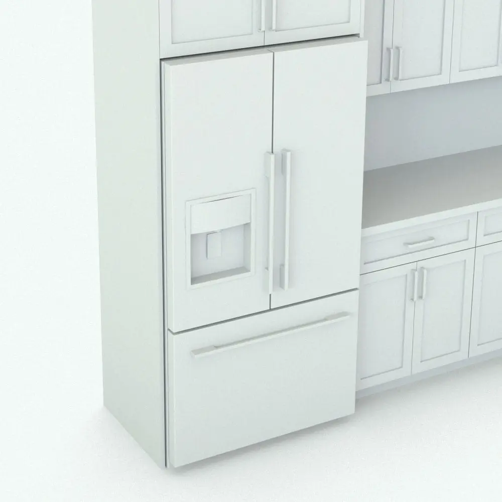 Revit Family / 3D Model - L-Shape Revit Kitchen Family With Moldings Detail 1 Detail 1 of this kitchen where we can see part of the Revit kitchen cabinets and the fully parametric Revit refrigerator, which can be fully customized in size and shape. Additionally, the Revit refrigerator can be turned off in case you want you use a different refrigerator in that space. Don't waste time creating your kitchens from scratch and opt for a complete solution with this L-Shape Revit Kitchen Family With Moldings. Get it now and see for yourself.