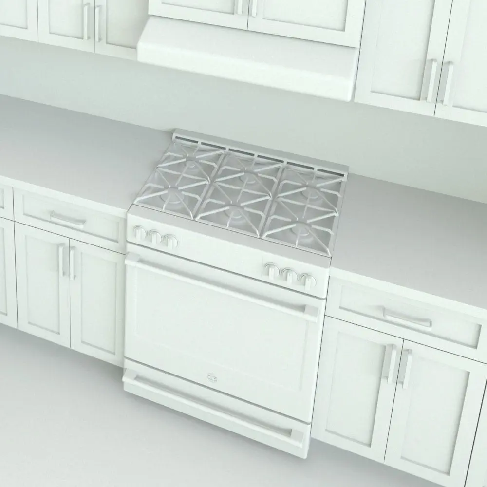 Revit Family / 3D Model - L-Shape Revit Kitchen Family With Moldings Detail 2 Detail 2 of this family where we can see the kitchen range Revit family integrated to the cabinetry. This range/stove can also be turned off in case you want to use a different one. Ideal for streamlining your Revit workflow, this fully parametric and easy to use Revit kitchen family will transform your spaces in just a few clicks.