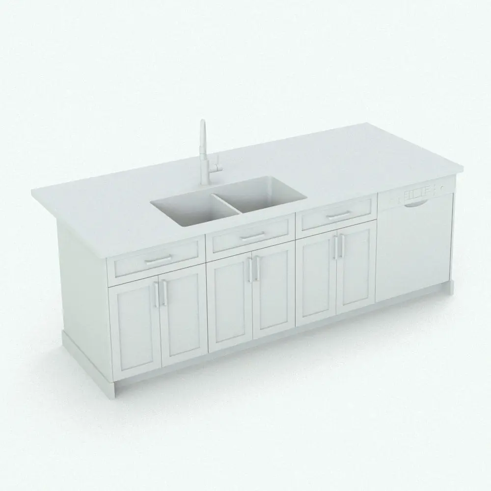 Revit Family / 3D Model - L-Shape Revit Kitchen Family With Moldings Sink Side Revit island side of the kitchen, which includes a fully parametric sink, where you can even change the angle of the faucet. The dishwasher in this Revit family can be turned off in case you want to use a different one or put something else in that space. This island family is a separate family from the Revit kitchen cabinets so you can have more control over the overall look. Don't wait any longer and get this Revit kitchen family today to elevate your projects to new heights.