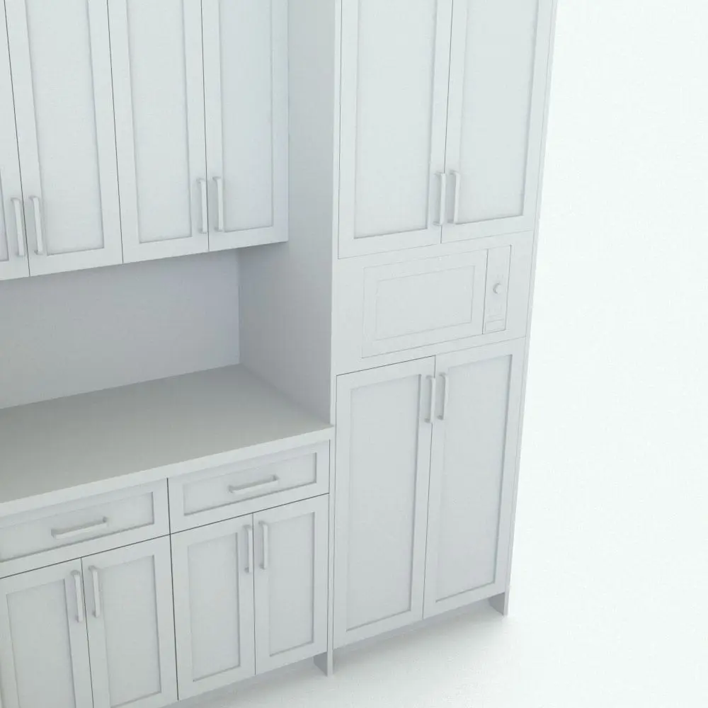Revit Family / 3D Model - L-Shape Revit Kitchen Family With Moldings Detail 3 Detail 3 of this family, where we can see the Revit kitchen cabinets along with the Revit microwave, The microwave can be turned off to create extra space in the kitchen. Whether you are working on residential or commercial projects, this Revit kitchen family will simplify your work, make your projects look finished and professional and elevate your renders to new heights. Get it today and see for yourself.