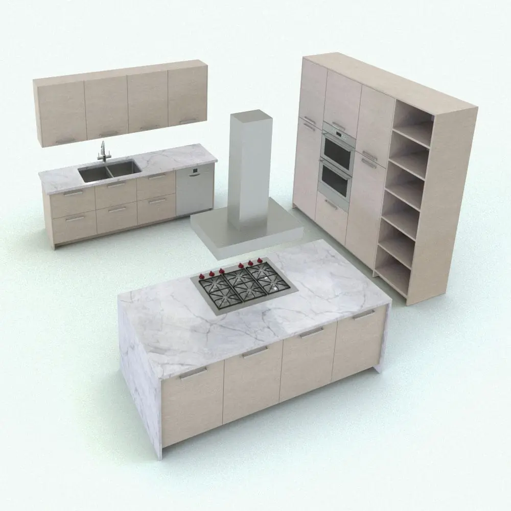 Revit Family / 3D Model - Modern Revit Kitchen Family w/Ceiling Range Hood Rendered in Revit Modern Revit Kitchen Family w/Ceiling Range Hood in 3D and rendered in a light colored wood finish with marble countertops. The Revit kitchen cabinets in this family are fully parametric and they will automatically adjust to any space size by just inputting a couple of dimensions. Ideal for modern and contemporary interior design projects, whether residential or commercial, this Revit kitchen family will transform your spaces in just a few clicks. Get it today and see for yourself.