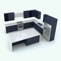 Modern Revit Kitchen Family With Island in 3D and rendered with blue wooden Revit kitchen cabinets, marble countertops and stainless steel appliances. This modern Revit kitchen family will completely streamline your workflow in Revit. Just insert the Revit kitchen into your project, change the dimensions and you will all be set, although you can customize many more things on this Revit kitchen family. Don't let this opportunity go by and add this Modern Revit Kitchen Family With Island to your cart today.