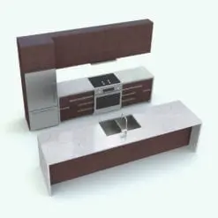 Open Concept Revit Kitchen Family in 3D and rendered with a cherry colored wood, white marble countertops and stainless steel appliances. Ideal for modern an luxurious projects, this fully parametric and easy to use Revit family will transform your spaces in just a few clicks. Don't wait any longer and add this Revit kitchen family to your personal assets today.