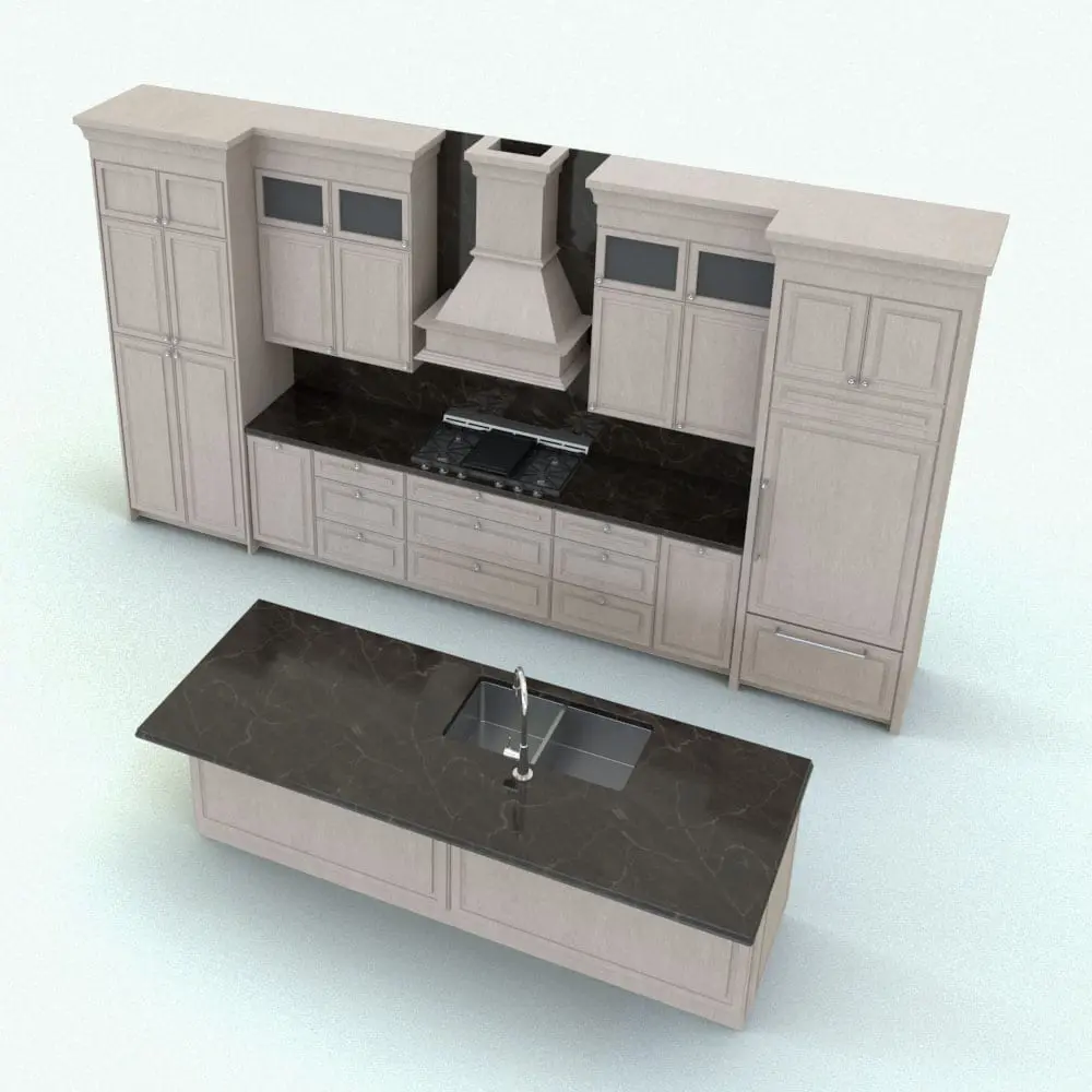 Revit Family / 3D Model - Straight Revit Kitchen Family With Island Rendered in Revit Straight Revit Kitchen Family With Island in 3D and rendered with a light colored wood for the Revit kitchen cabinets and dark colored marble countertops. Ideal for modern and contemporary interior design projects, This Revit kitchen will transform your spaces in just a few clicks. Don't let this opportunity pass and get this realistic Revit kitchen family today.