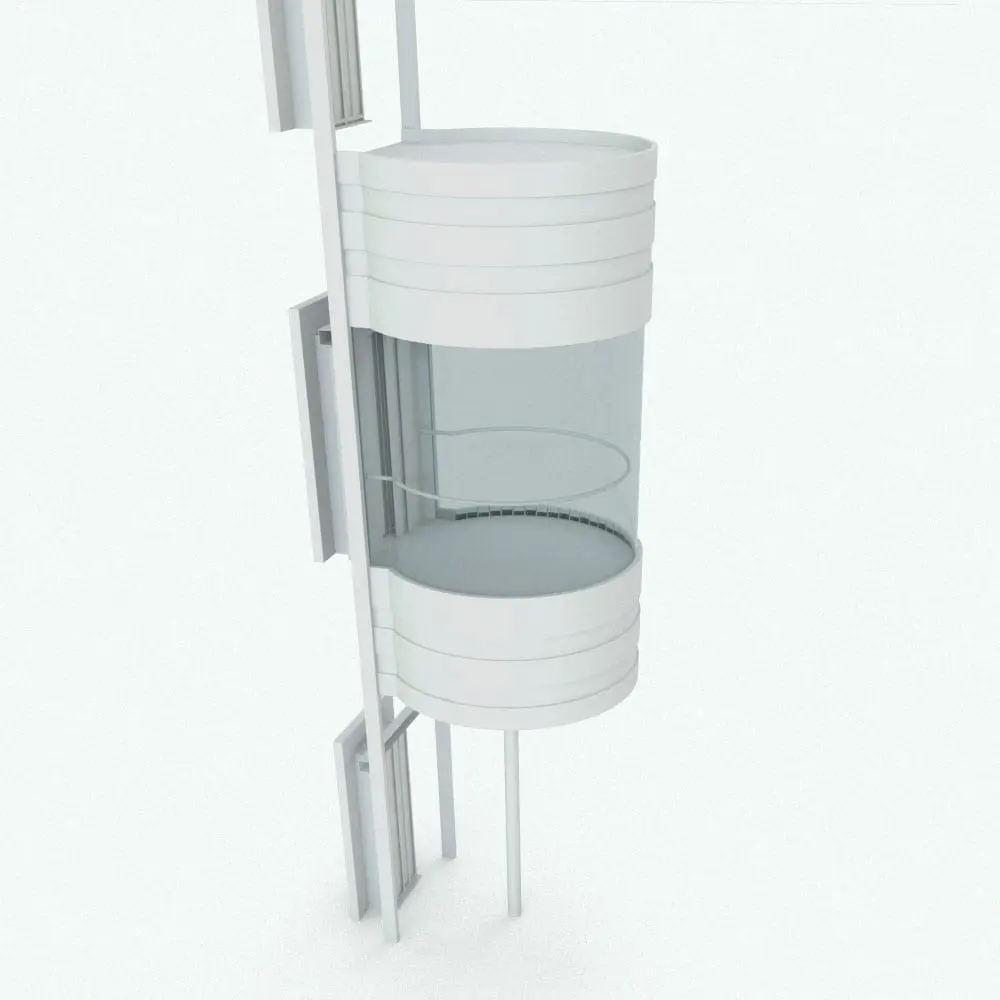 Revit Family / 3D Model - Circular Panoramic Elevator Revit Family Car Detail of the car on this Circular Panoramic Elevator Revit Family where you can see the interior handrail, the overall shape and the back part of the doors on each floor. Ideal for large projects, this elevator Revit family will be the perfect complement to streamline your workflow.