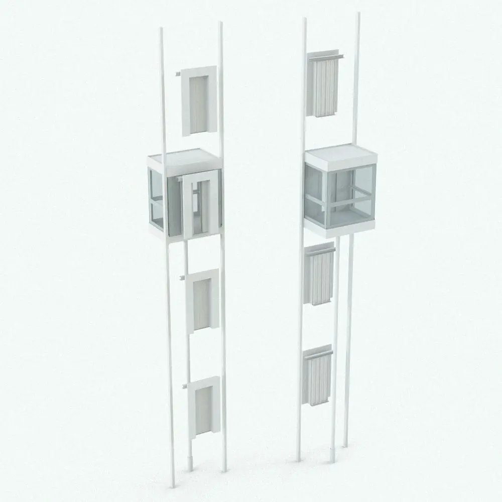 Revit Family / 3D Model - Rectangular Panoramic Revit Elevator Family Perspective Rectangular Panoramic Revit Elevator Family in 3D and rendered in black and white (ambient occlusion style) to show the shapes and details better. This Revit family is fully parametric, easy to use and ready to render. Just load it into your Revit project, select the materials, or use the provided ones and hit the render button for instant results. Don't wait any longer and add this Revit elevator family to your personal assets today.