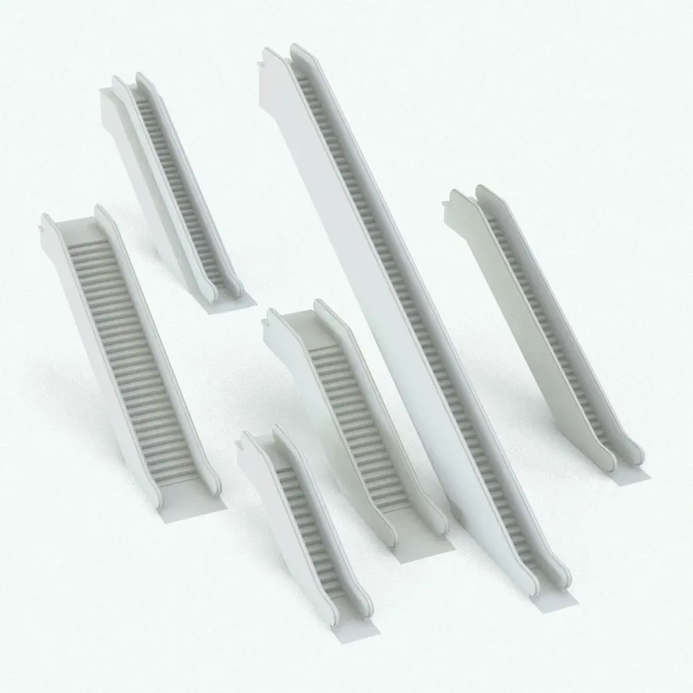 Revit Family / 3D Model - Solid Balustrade Escalator Revit Family Variations Solid Balustrade Escalator Revit Family shown in different sizes and configurations to showcase its parametric flexibility. This Revit family allows you to change the overall dimensions (width, height) as well as the extra steps, the materials and more so you can fully fit it to your projects. Don't wait any longer and add this Solid Balustrade Escalator Revit Family to your cart today.