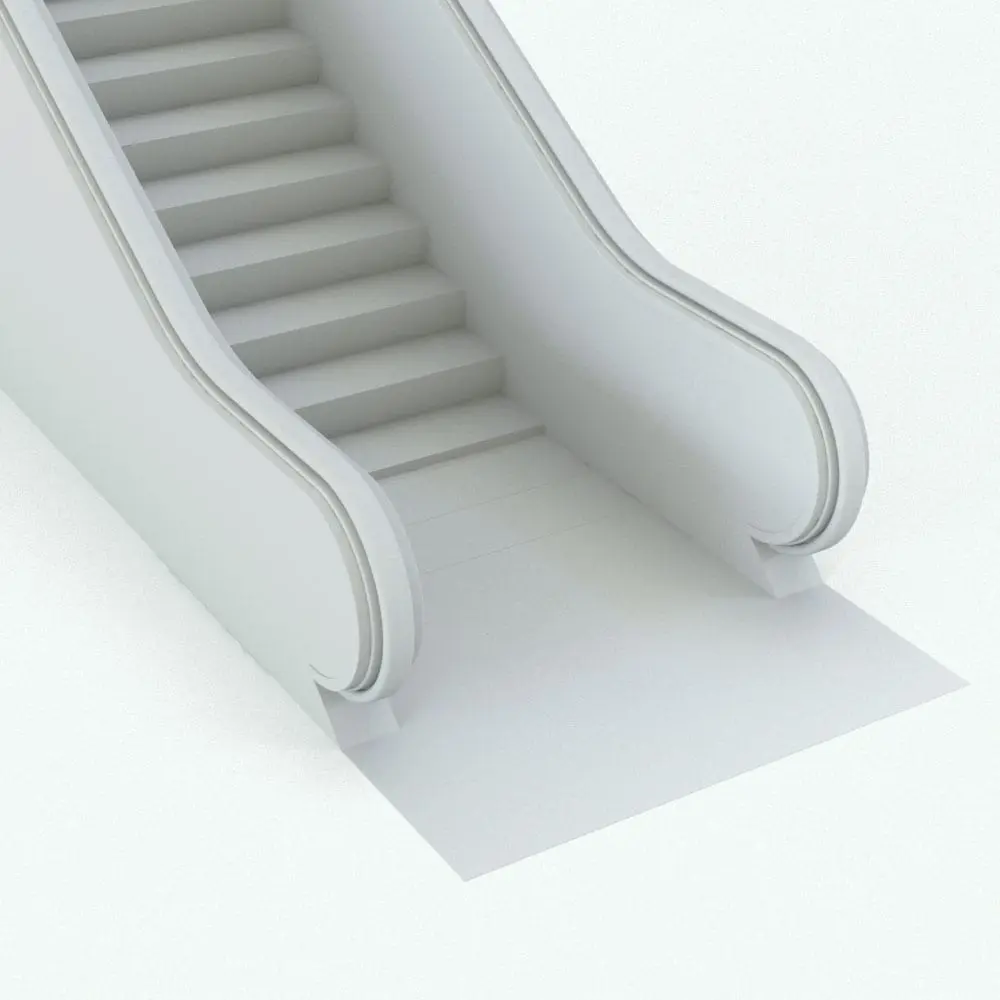 Revit Family / 3D Model - Solid Balustrade Escalator Revit Family Detail Detail of the bottom part of the Solid Balustrade Escalator Revit Family where you can see the details of the handrail, the extra steps and the balustrade. Whether you are working on a small or large commercial project, this escalator Revit family will adapt perfectly to your spaces.