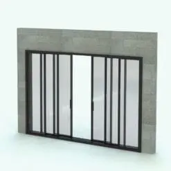Quad Sliding Door Revit Family - SLD-OXX-XXO-Bi-Part in 3D and rendered embedded in a gray masonry brick wall with dark frames. This Revit family is fully parametric, easy to use and ready to render. Just load it into your project, select the materials (or use the provided ones) and hit the render button for instant results. Don't wait any longer and add this Quad Sliding Door Revit Family to your cart today.