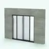 Triple Sliding Revit Pocket Door Family - SLD-PXXX in 3D and rendered embedded in a gray masonry wall and dark metal frames. This Revit family is fully parametric, easy to use and ready to render. Just load it into your project, select the materials (or use the default ones) and hit the render button for instant results. Don't let this opportunity go by and get this FREE Triple Sliding Revit Pocket Door Family today.