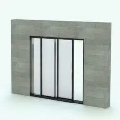 Triple Sliding Revit Pocket Door Family - SLD-PXXX in 3D and rendered embedded in a gray masonry wall and dark metal frames. This Revit family is fully parametric, easy to use and ready to render. Just load it into your project, select the materials (or use the default ones) and hit the render button for instant results. Don't let this opportunity go by and get this FREE Triple Sliding Revit Pocket Door Family today.