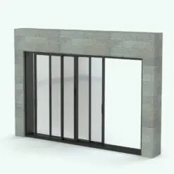 Multi Sliding Door Revit Family - SLD-XXXX in 3D and rendered embedded in a gray masonry brick wall and dark metallic door frames. This Revit family is fully parametric, easy to use and ready to render. Just load it into your project, set the dimensions required by your Revit project and hit the render button for instant results. Don't let this opportunity go by and add this Multi Sliding Door Revit Family to your cart today.