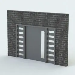 Modern Pivot Revit Door Family shown embedded in a dark gray masonry wall and rendered in a gray wooden color. This Revit door is fully parametric, easy to use and ready to render. Just load it into your project, set the dimensions and materials and hit the render button for instant results. Don't wait any longer and get this Modern Pivot Revit Door Family today.