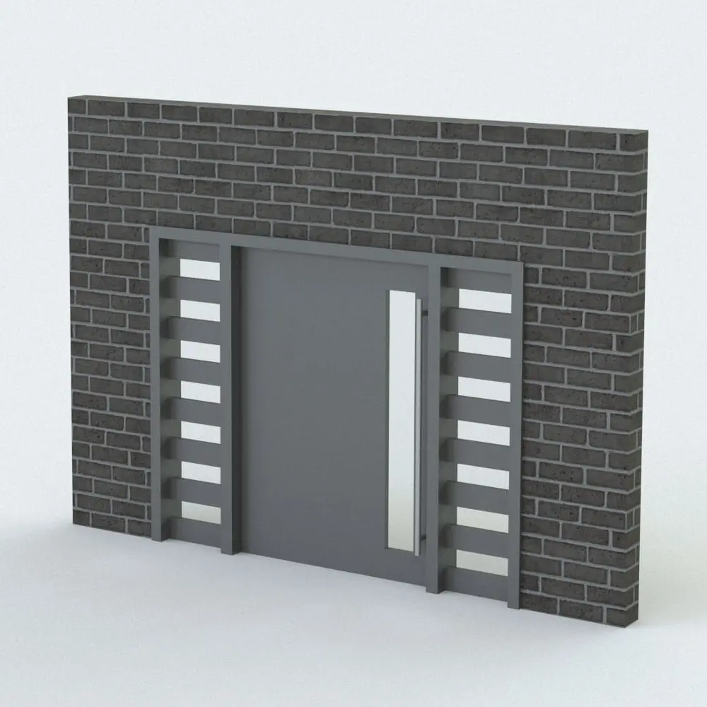 Revit Family / 3D Model - Modern Pivot Revit Door Family Rendered in Revit Modern Pivot Revit Door Family shown embedded in a dark gray masonry wall and rendered in a gray wooden color. This Revit door is fully parametric, easy to use and ready to render. Just load it into your project, set the dimensions and materials and hit the render button for instant results. Don't wait any longer and get this Modern Pivot Revit Door Family today.