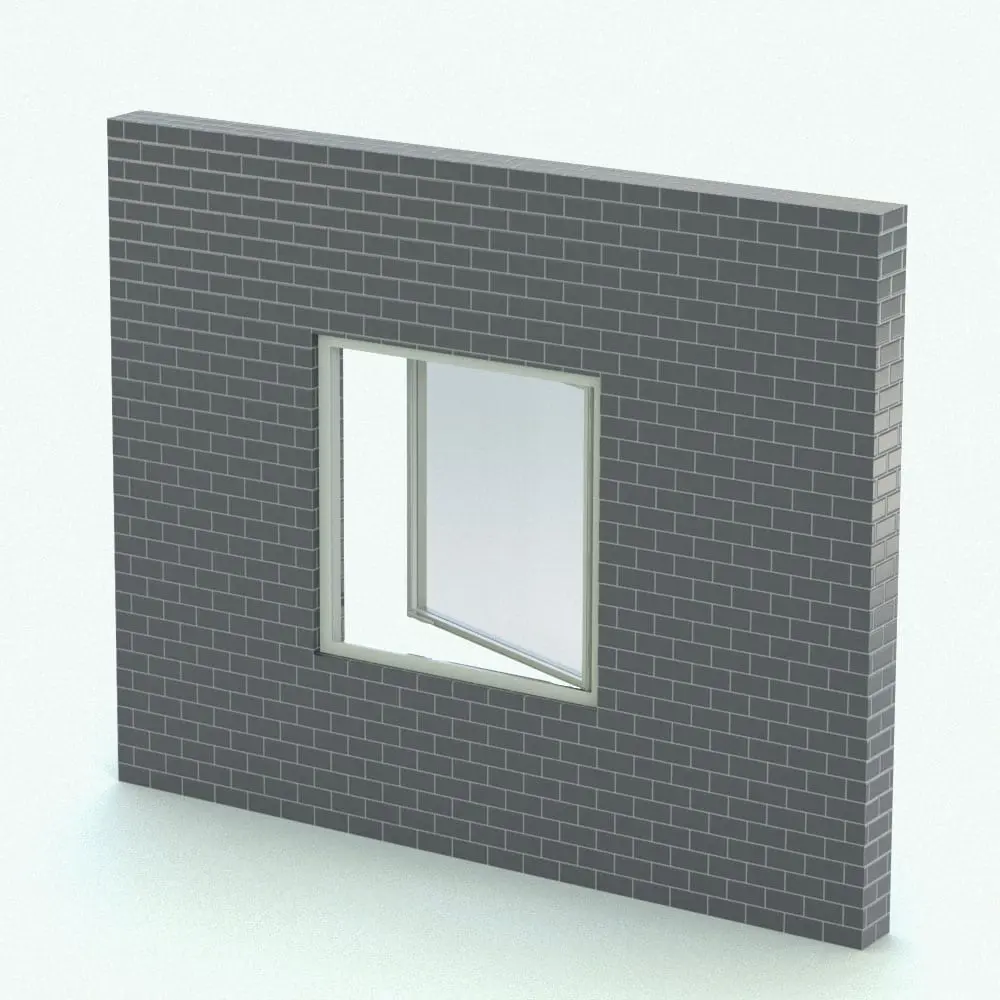Revit Family / 3D Model - Casement Revit Window Family - T450N Rendered in Revit Casement Revit Window Family shown embedded in a gray brick wall and rendered with a light colored metallic frame finish. This Revit family is fully parametric, easy to use and ready to render. Plus, it belongs to our FREE Revit families category, so go ahead and download this Revit window family today. No credit card required.
