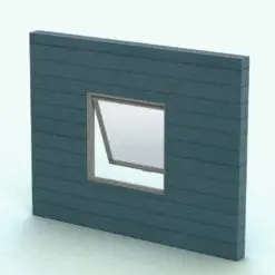 Awning Revit Window Family embedded in a teal colored wooden wall and rendered in a gray metallic frame material. This Revit family is fully parametric, easy to use and ready to render. Just load it into your project, set the dimensions and hit the render button for instant results. Plus, this Revit window family is part of our FREE Revit families category, so download it and start using it today.