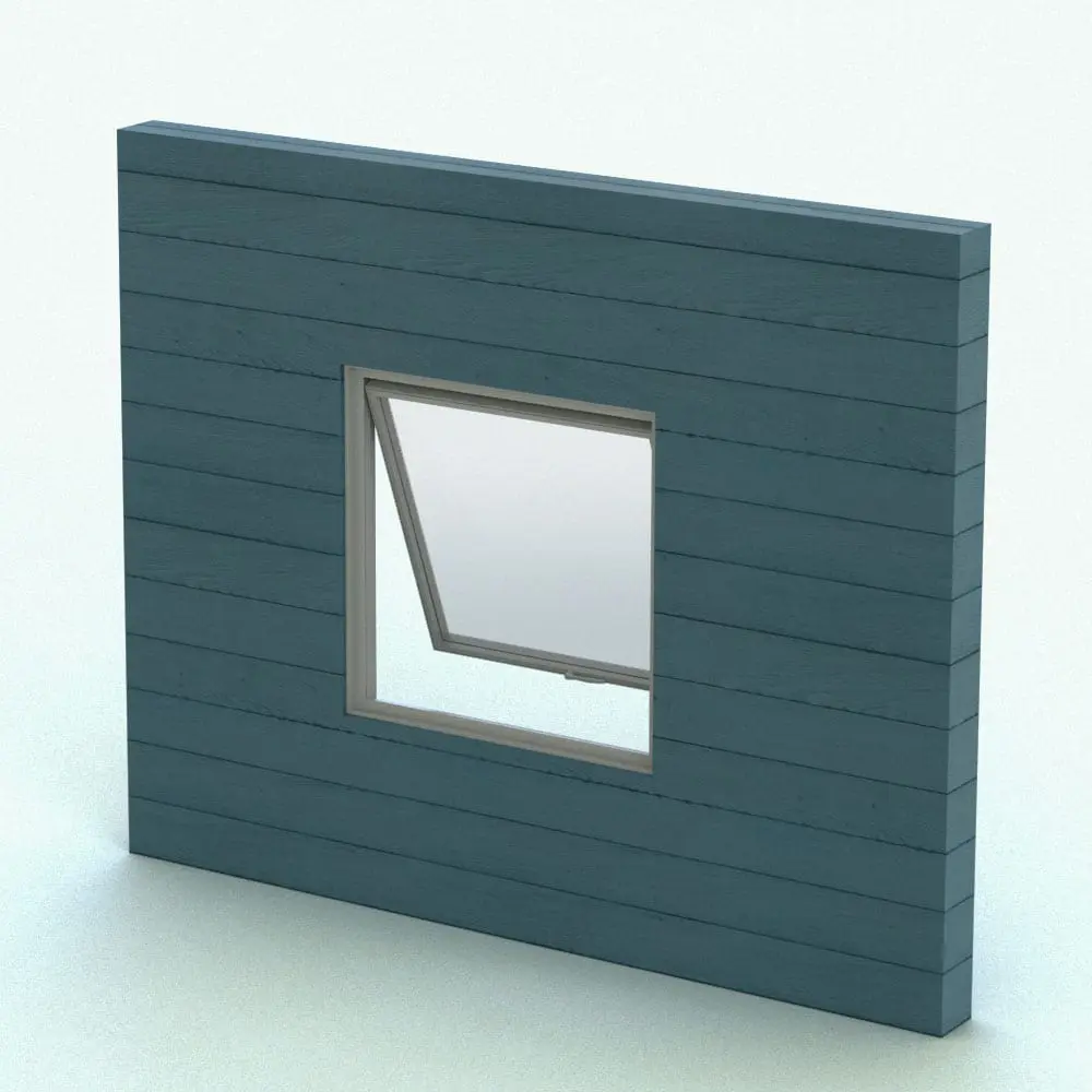 Revit Family / 3D Model - Awning Revit Window Family - T600N Rendered in Revit Awning Revit Window Family embedded in a teal colored wooden wall and rendered in a gray metallic frame material. This Revit family is fully parametric, easy to use and ready to render. Just load it into your project, set the dimensions and hit the render button for instant results. Plus, this Revit window family is part of our FREE Revit families category, so download it and start using it today.