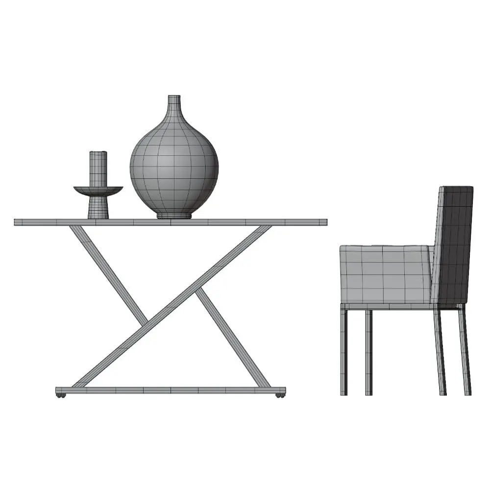 Revit Family / 3D Model - Metal Base Dining Table 3D Model Side View Metal Base Dining Table 3D Model in side view and rendered in wireframe mode. Ideal for residential or commercial projects, this modern and compact dining set 3D model will seamlessly blend to your modern projects in just a few clicks.